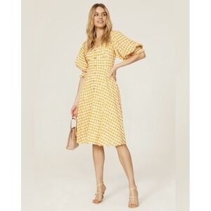 Hutch Yellow Gingham Daisy Seersucker Dress Ofc Shoulder Puff Sleeve Midi XSmall
